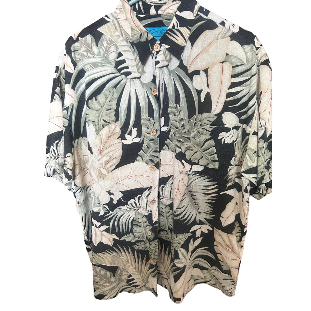 Vintage Paradise Blue Men's Large Silk Cotton Tropical Shirt Black Green Leaf